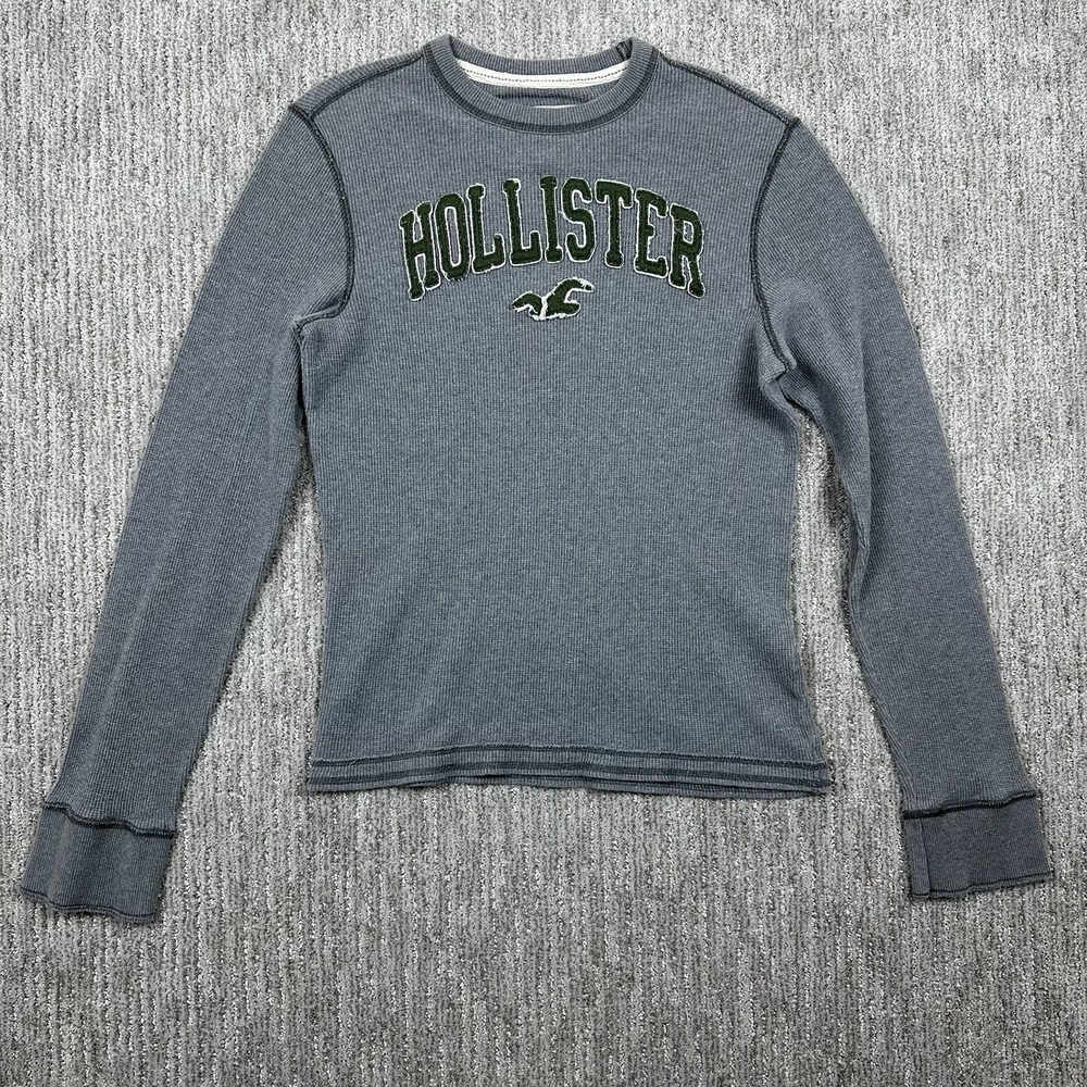 Hollister Mens Long Sleeve Thermal Waffle Knit Shirt Logo Gray Green Size Large‎